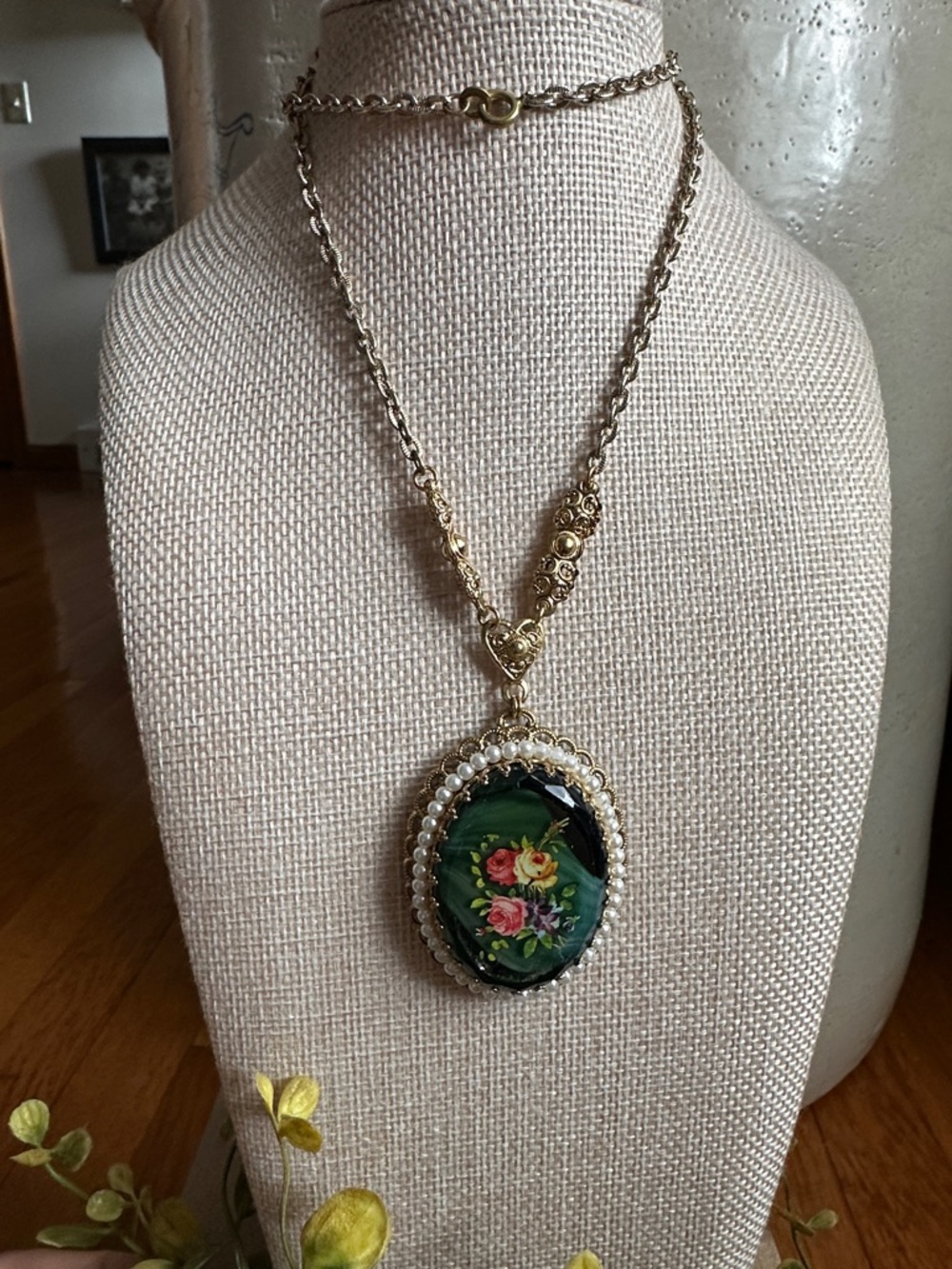West Germany Hand-Painted Floral Pendant Necklace in Gold with Green Center